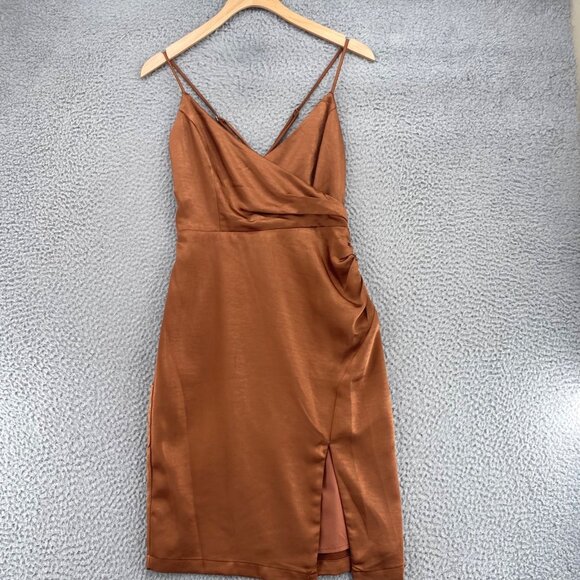 Lulus Dress Women Extra Small Hot Night Out Bronze Satin Surplice Faux Wrap Mini - Picture 4 of 11